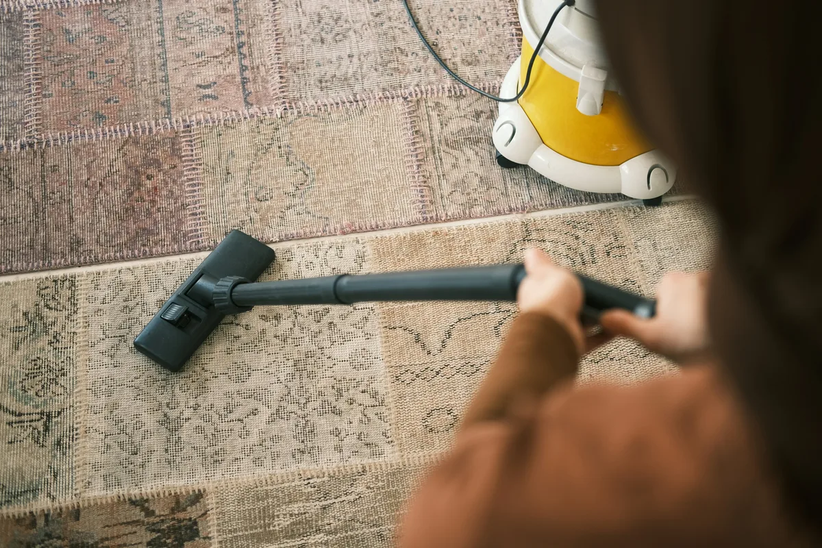 Vacuum cleaner removing dust from a patterned rug